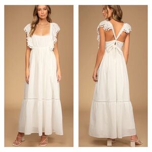 NWT LULUS Chasing Summer White Swiss Dot Tie-Back Maxi Dress SZ Small in White